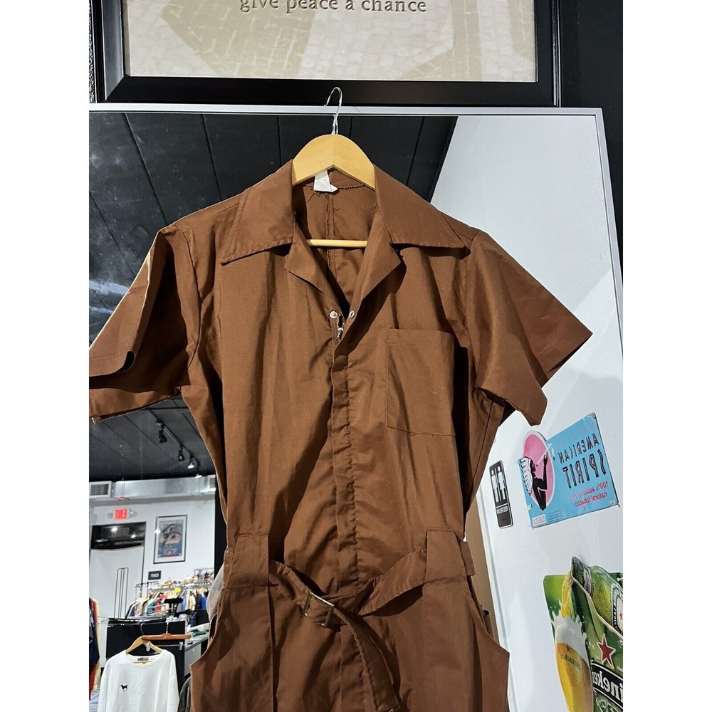 Vtg Women's 1970s Brown Short Sleeve Zip Front Jumpsuit W/ Waist Belt Size M